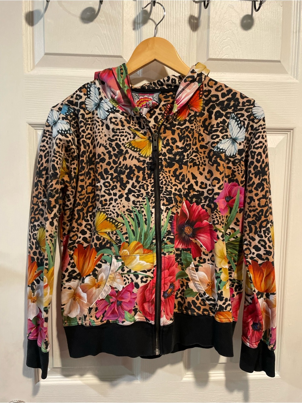 Johnny was Floral & Leopard Zip Hoodie Jacket - Multicolor